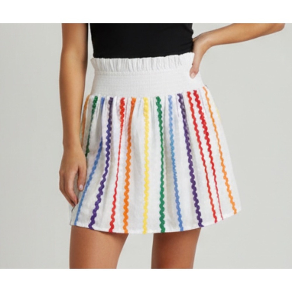 NWT ENGLISH FACTORY White RAINBOW RIK RAK PATTERN Twill A-LINE MINI Skirt Sz S